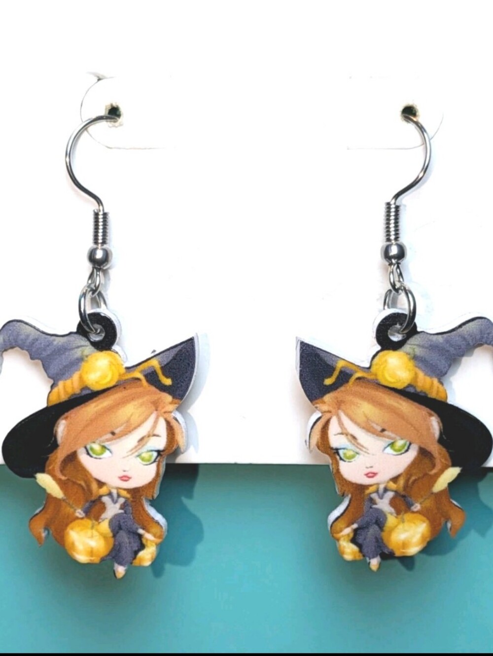 Hand Crafted Witch Girl Earrings — Black, Yellow, Green, Brown